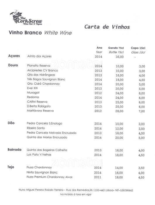 Menu at The CorkScrew pub & bar, Lisbon