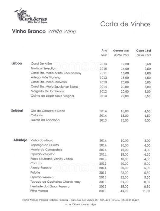 Menu at The CorkScrew pub & bar, Lisbon