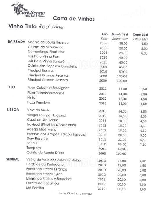 Menu at The CorkScrew pub & bar, Lisbon