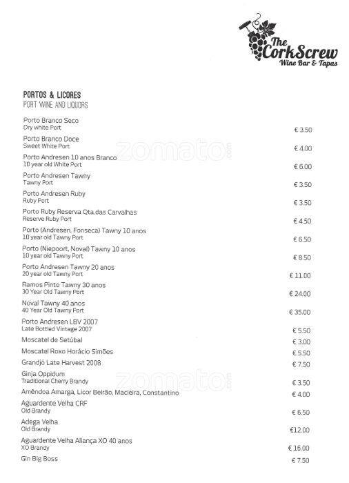 Menu at The CorkScrew pub & bar, Lisbon