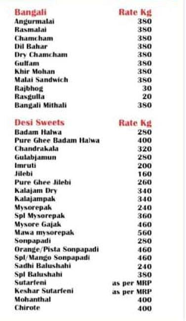 Kaka Halwai Sweet Centre menu