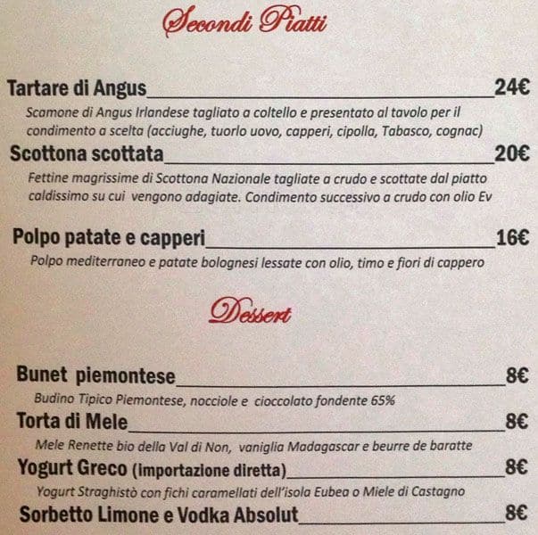 Menu di MIRO - Osteria del Cinema 