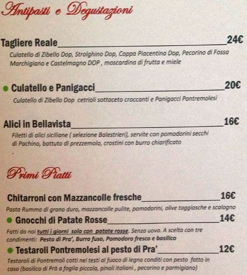 Menu di MIRO - Osteria del Cinema 