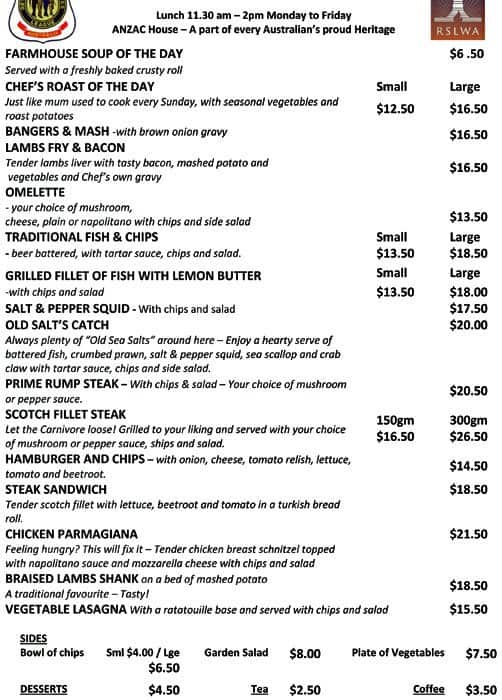 Menu At RSL Restaurant Perth food-drink-tacking-point-tavern