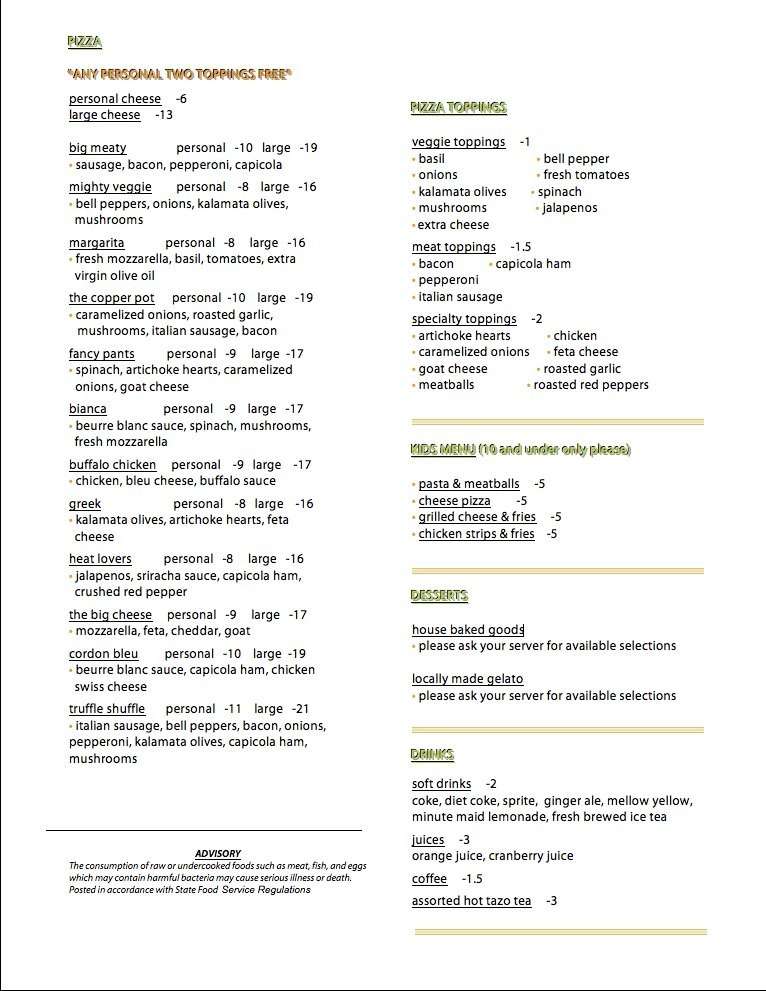 Menu at The Copper Pot pizzeria, Clarkesville, 135 Grant St