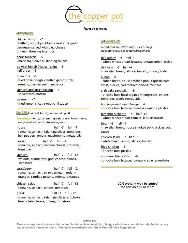 Menu at The Copper Pot pizzeria, Clarkesville, 135 Grant St