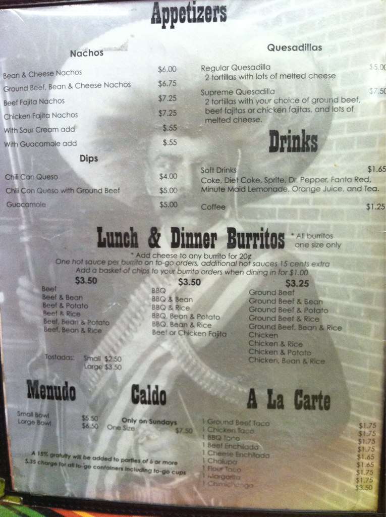 Menu at Nora's Mexican Food Restaurant, Lubbock