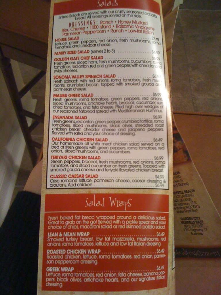 Menu at Ultimate California Pizza pizzeria, North Myrtle Beach, Hwy 17 S