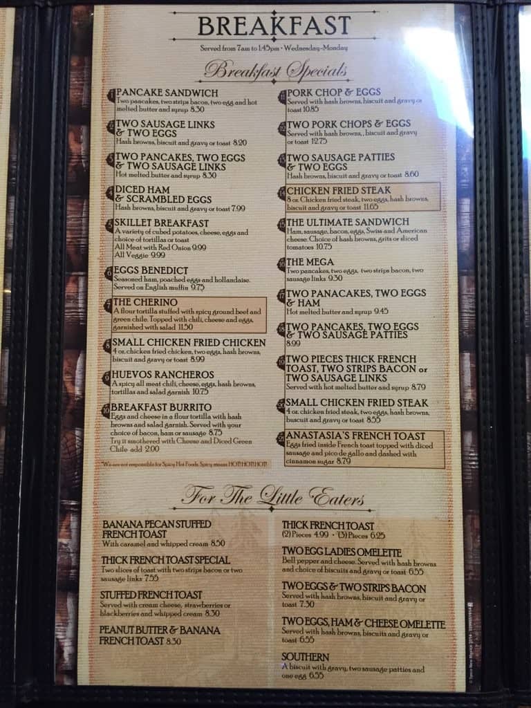 Menu at Log Cabin Restaurant, Ruidoso, Mechem Dr