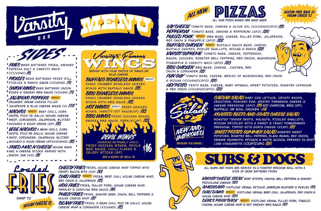 Menu at Varsity Bar, Joondalup