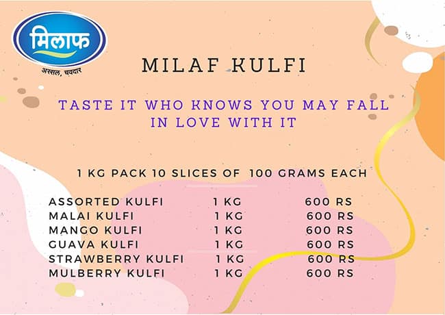 Milaf Kulfi menu