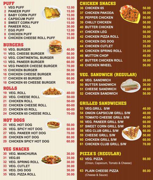 American Bakers Menu, Menu for American Bakers, Basheer Bagh, Hyderabad