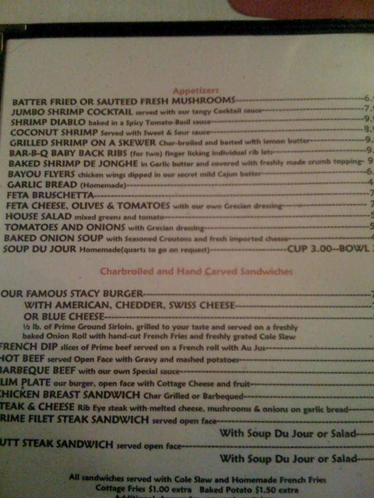 Menu at Stacy's Cafe, Bellwood