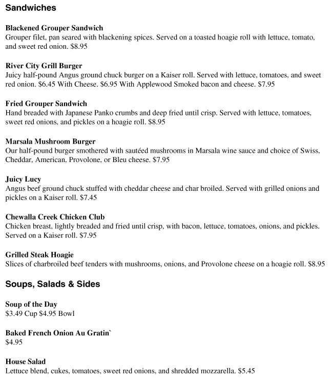 Menu at River City Grill pub & bar, Eufaula, 209 E Broad St