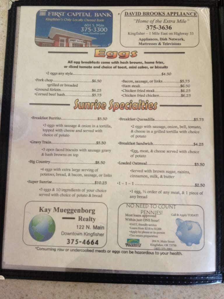 Menu at Sunrise Cafe, Kingfisher