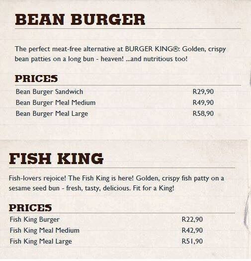 Menu At Burger King Table View Drive Thru Halaal Restaurant Cape Town 8500