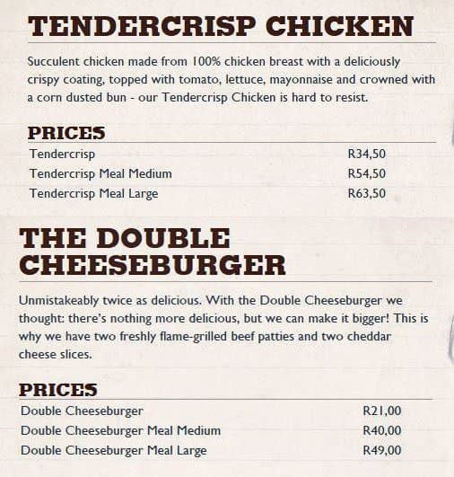 Menu At Burger King Table View Drive Thru Halaal Restaurant Cape Town 6373