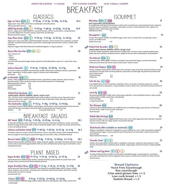 Menu at Argo on the Parade cafe, Norwood