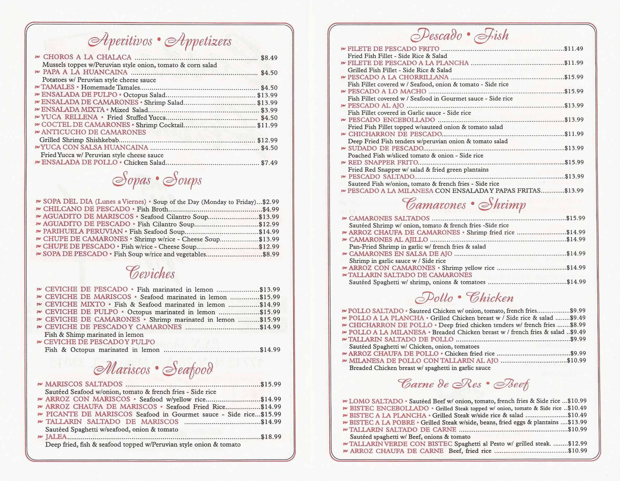 Costa Peruana Menu, Menu For Costa Peruana, Palm Springs North, Miami 