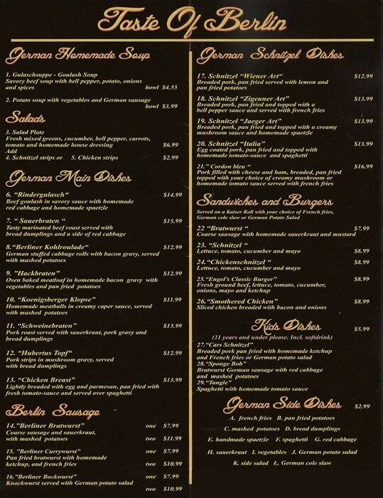 Taste of Berlin Menu, Menu for Taste of Berlin, Brandon / Valrico