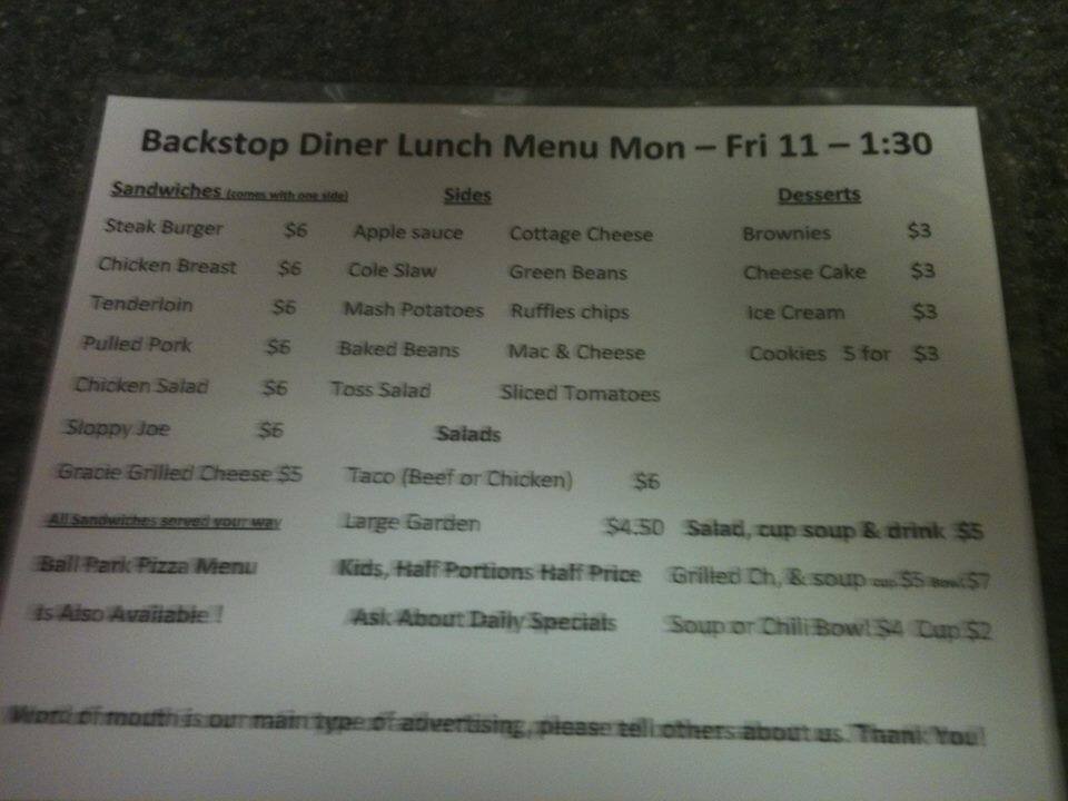 Menu at Backstop Diner restaurant, Beech Grove