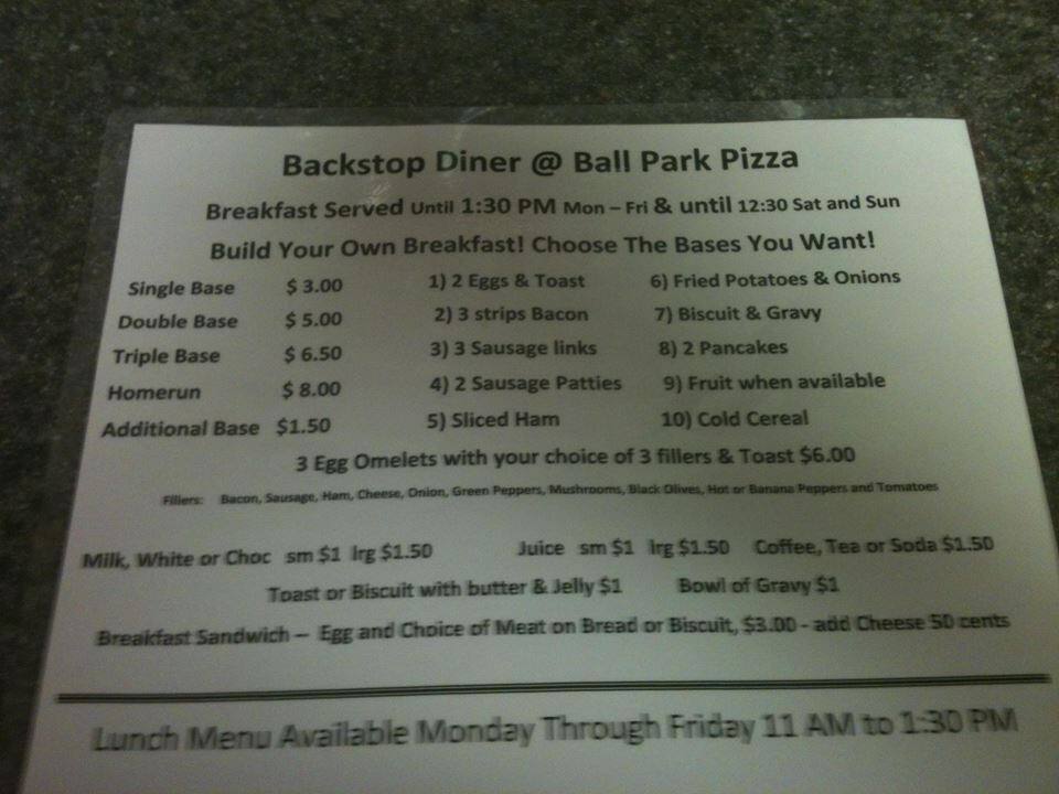 Menu at Backstop Diner restaurant, Beech Grove