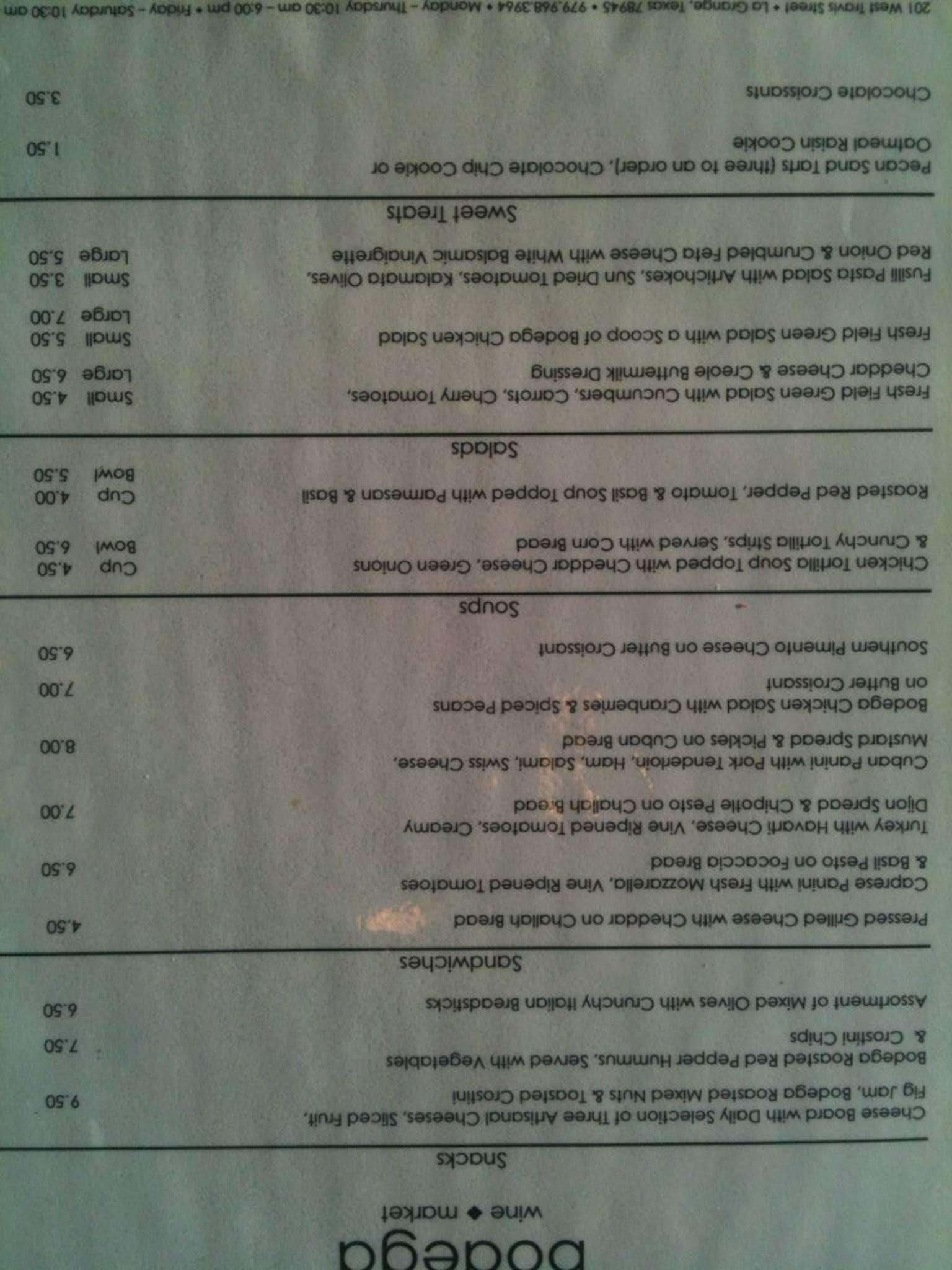 Menu at Bodega pub & bar, La Grange