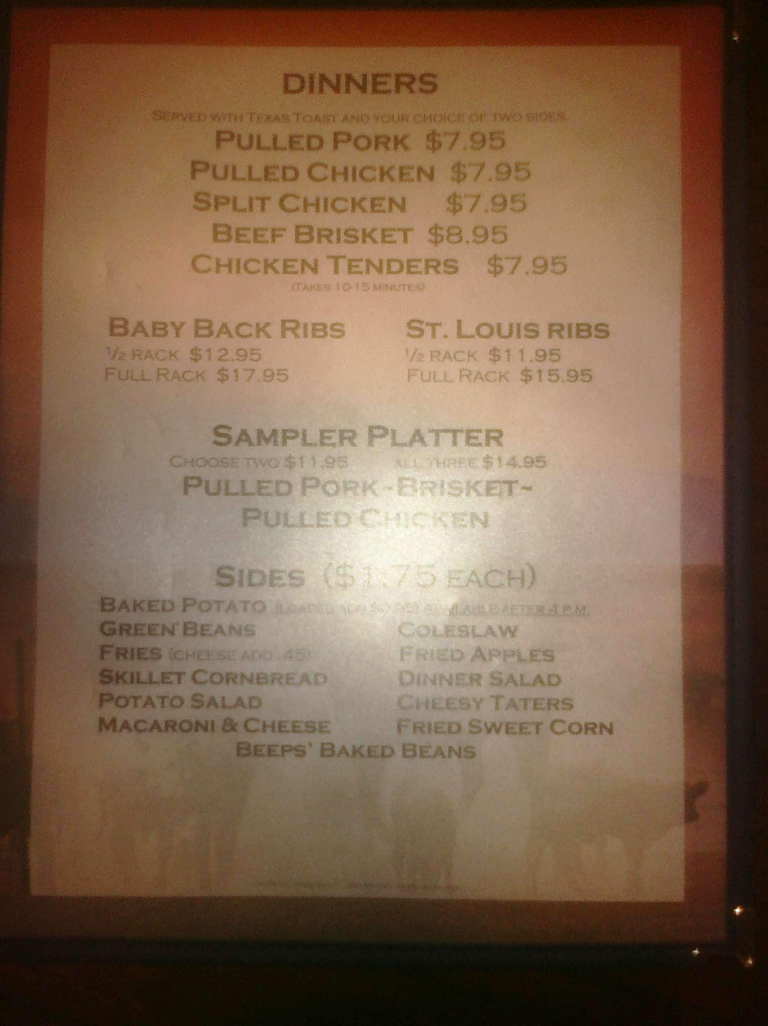 Menu at Pappy's Barbque, Brazil