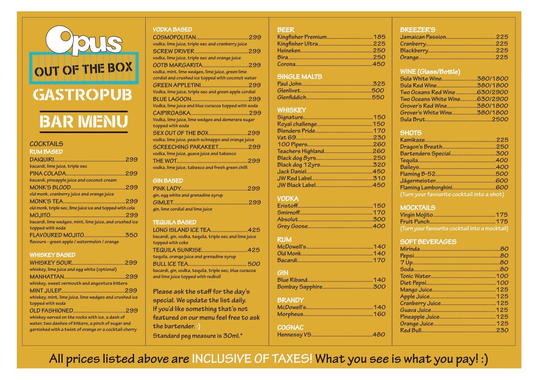 Opus Out of The Box Menu, Menu for Opus Out of The Box, Whitefield ...