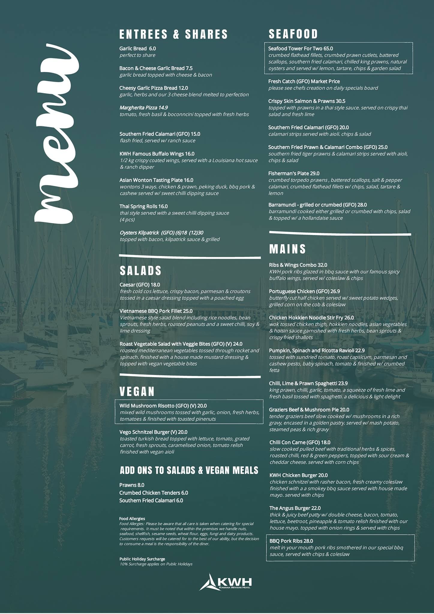 Menu at Kawana Waters Hotel pub & bar, Buddina, 136 Point Cartwright Dr