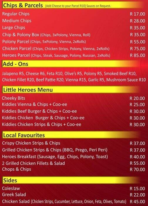 Heroes Menu, Menu for Heroes, Musgrave, Durban Zomato SA