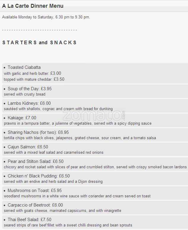 Menu at Pillars Restaurant, Birmingham, Bridge House Hotel