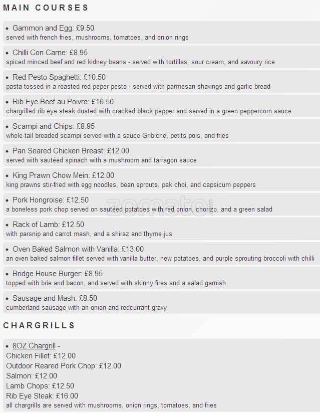 Menu at Pillars Restaurant, Birmingham, Bridge House Hotel