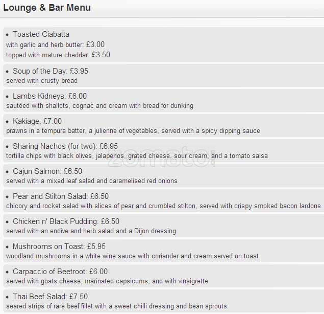 Menu at Pillars Restaurant, Birmingham, Bridge House Hotel