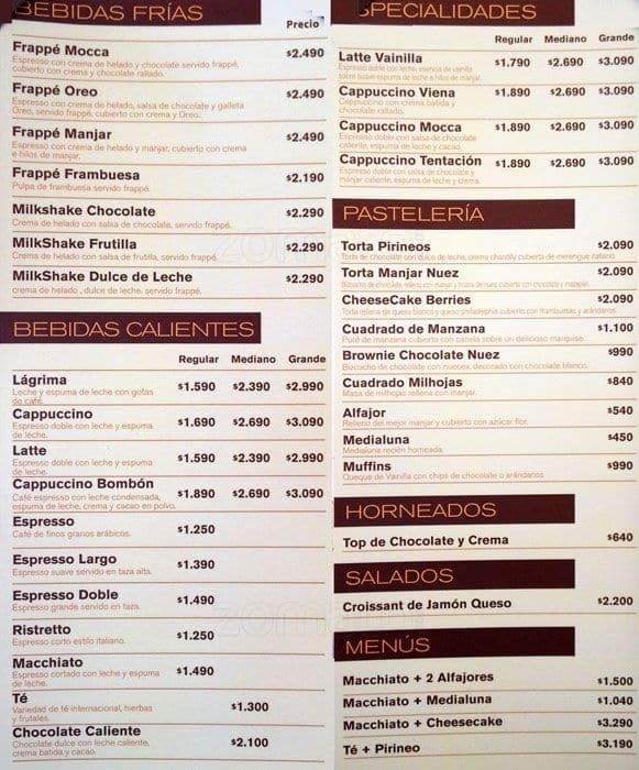 McCafé Menu,Menú para McCafé, Providencia, Santiago 