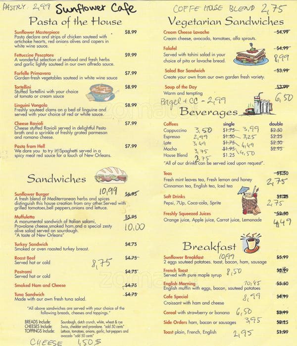 Sunflower Cafe Menu, Menu for Sunflower Cafe, Union Square, San