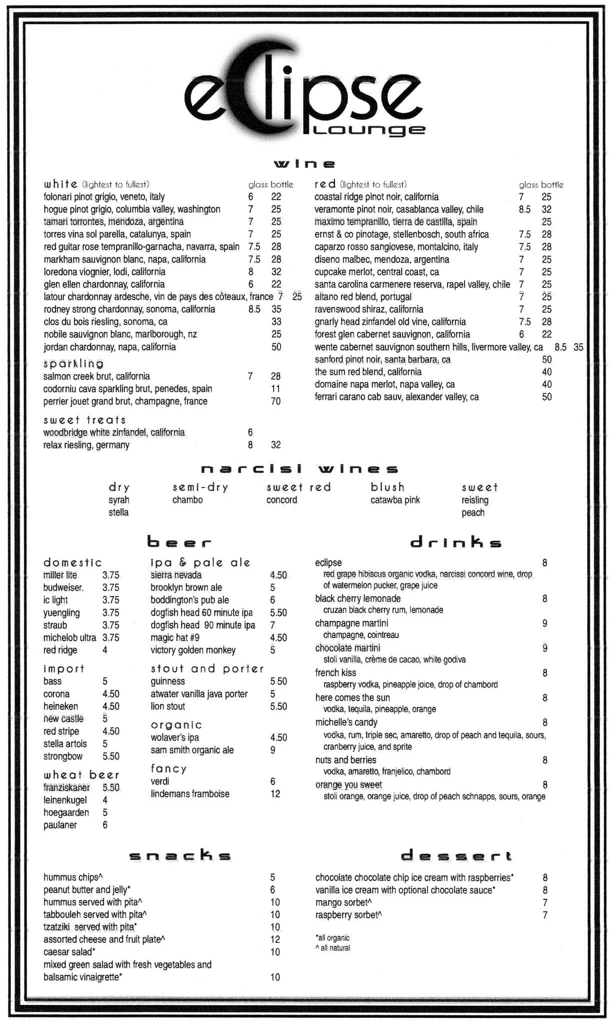 Eclipse Lounge Menu, Menu for Eclipse Lounge, Lawrenceville, Pittsburgh