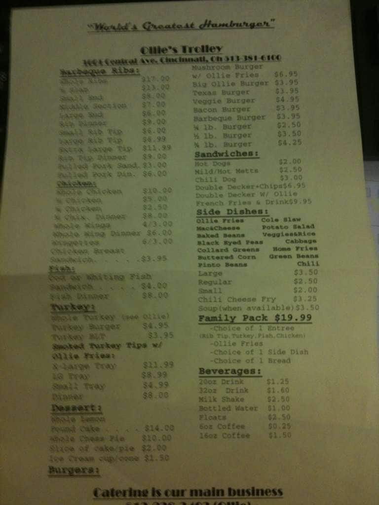 Ollie's Trolley Menu, Menu for Ollie's Trolley, OvertheRhine/Mount