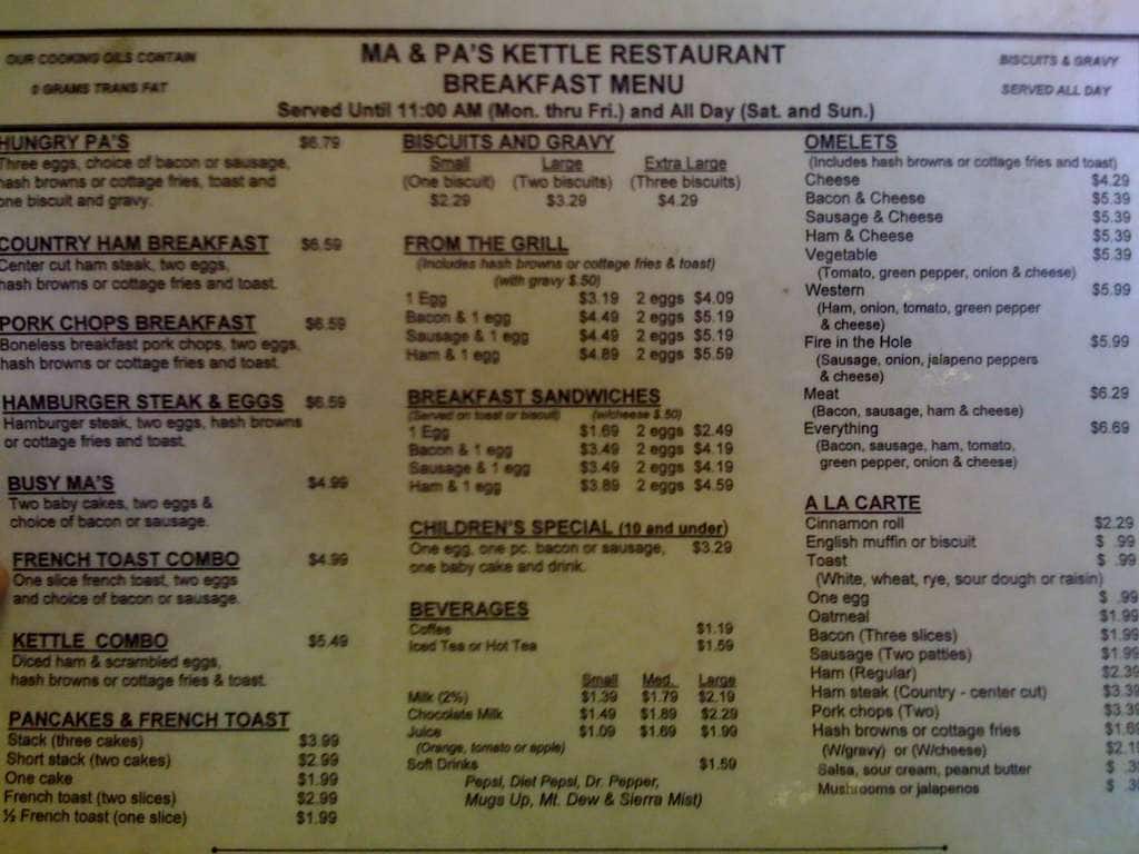 Ma & Pa's Kettle Restaurant Menu Zomato United States