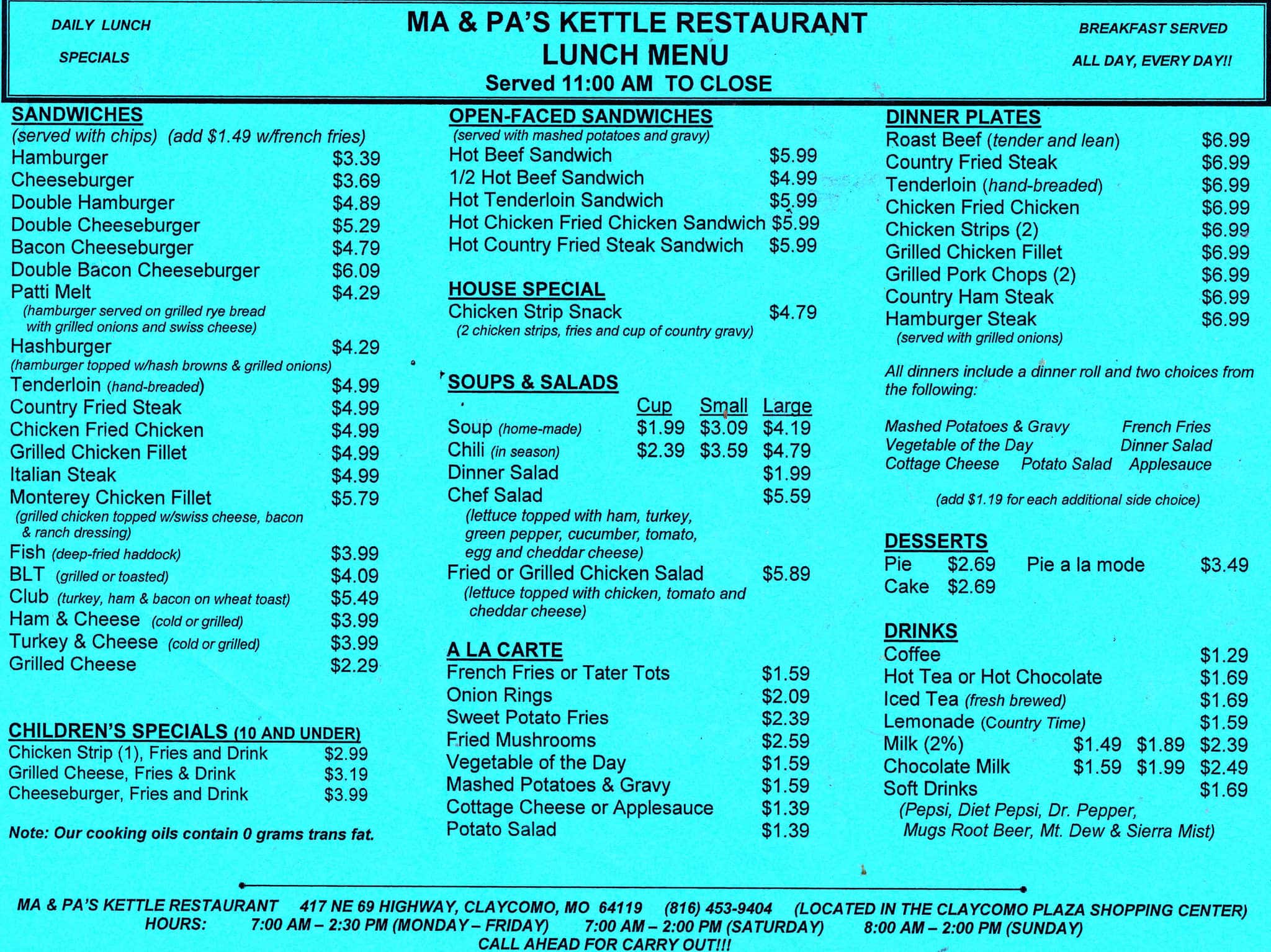 Menu at Ma & Pa's Kettle restaurant, Kansas City, 417 E
