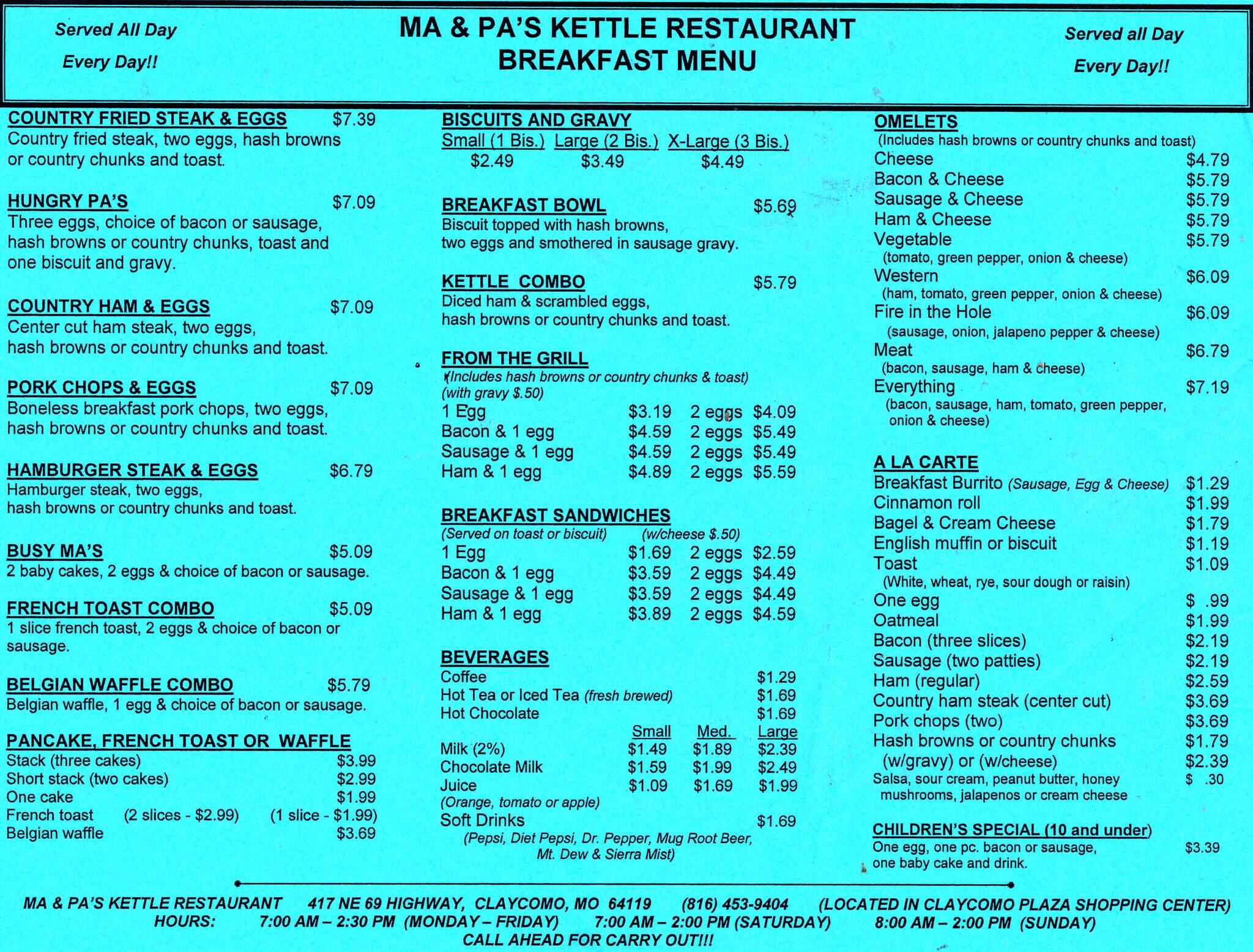 Menu at Ma & Pa's Kettle restaurant, Kansas City, 417 E