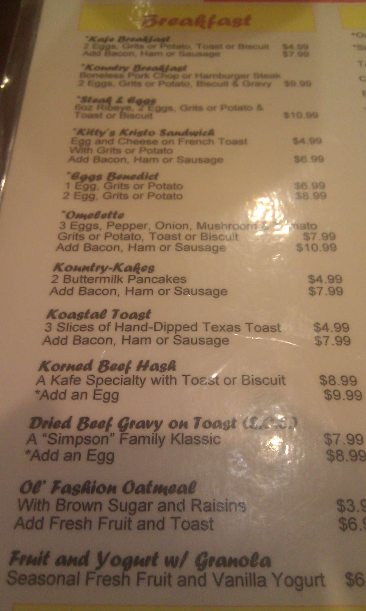 Kitty's Kafe Menu, Menu for Kitty's Kafe, Gulf Shores, Mobile Bay