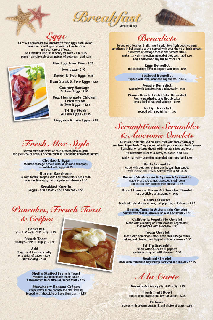 Shell Cafe Menu, Menu for Shell Cafe, Pismo Beach, Santa Maria
