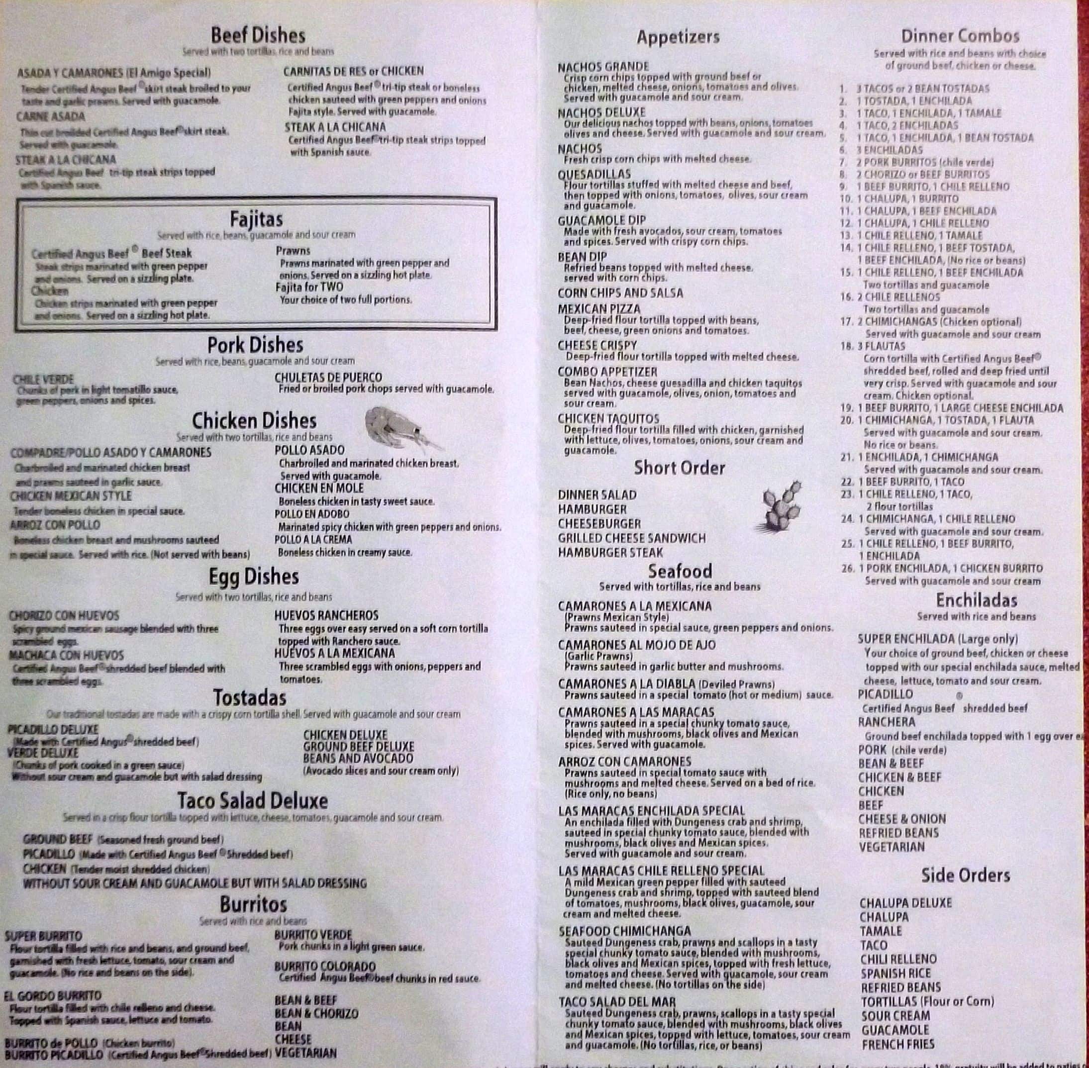 Menu at Las Maracas Mexican Restaurant, Ocean Shores