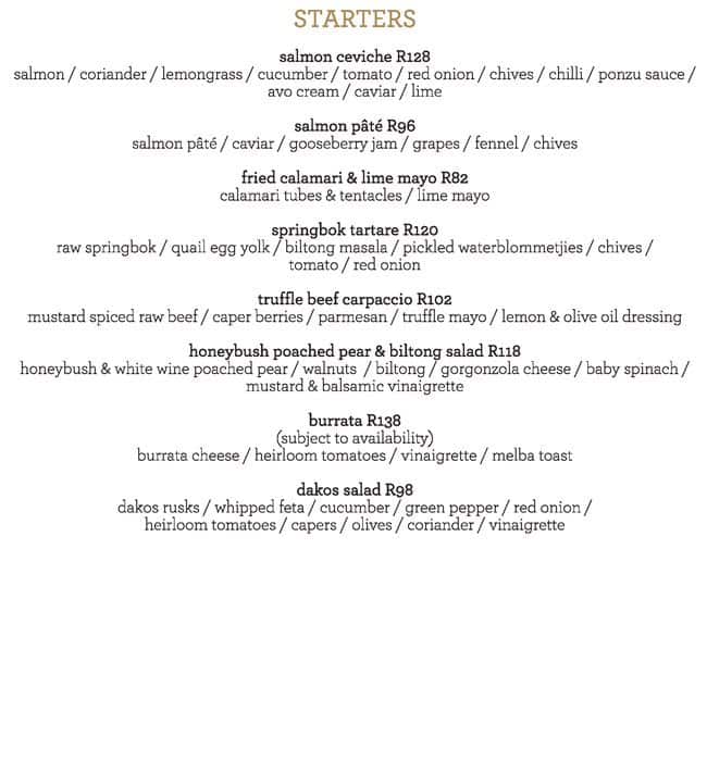 Menu at The Flamingo Room at Tashas restaurant, Sandton, 5th St