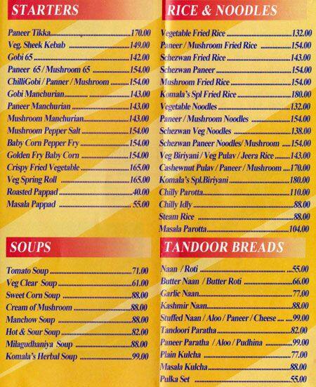 Komala's Restaurant Menu, Menu for Komala's Restaurant, T. Nagar ...