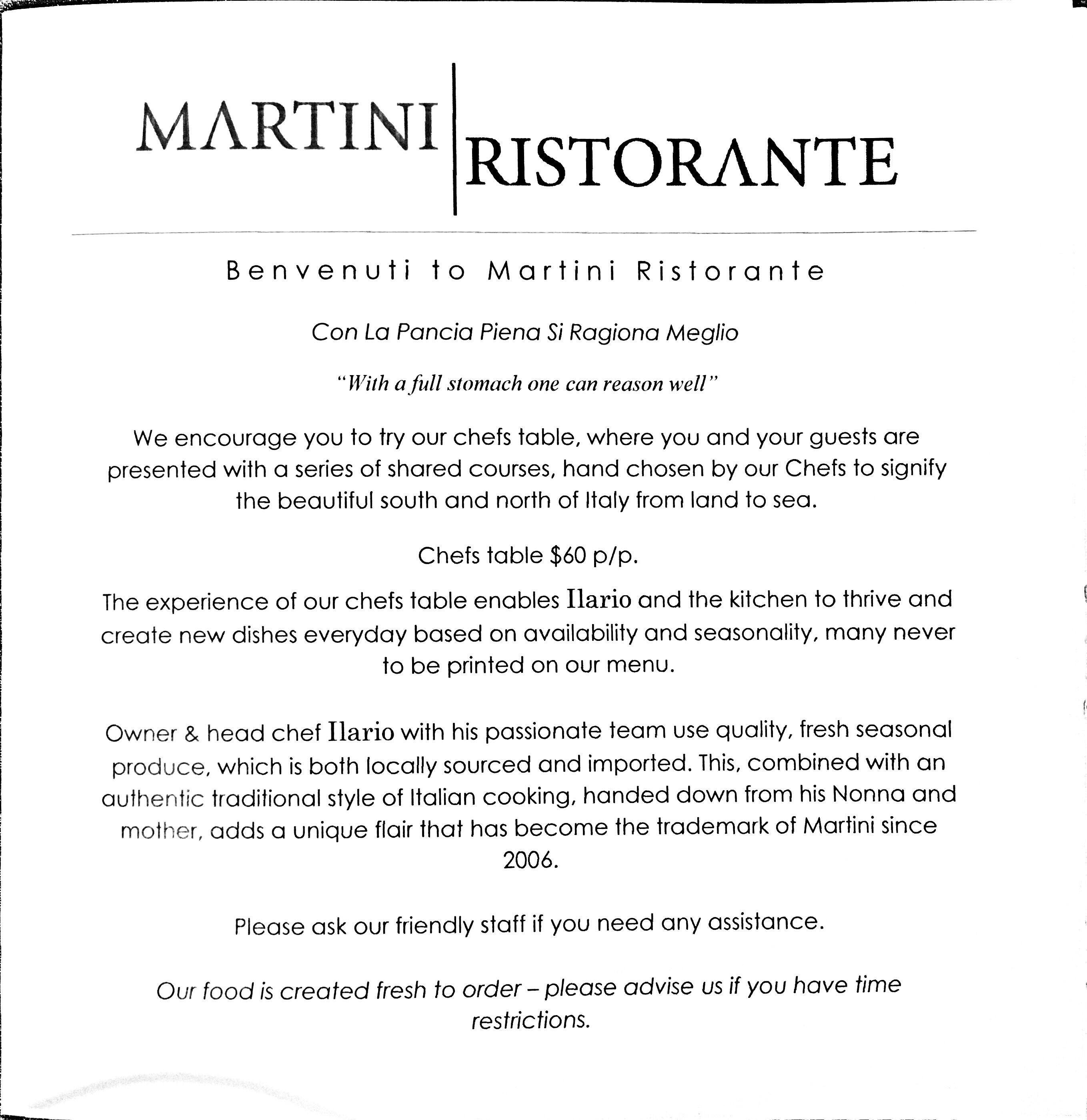 Menu at Martini on the Parade restaurant, Norwood