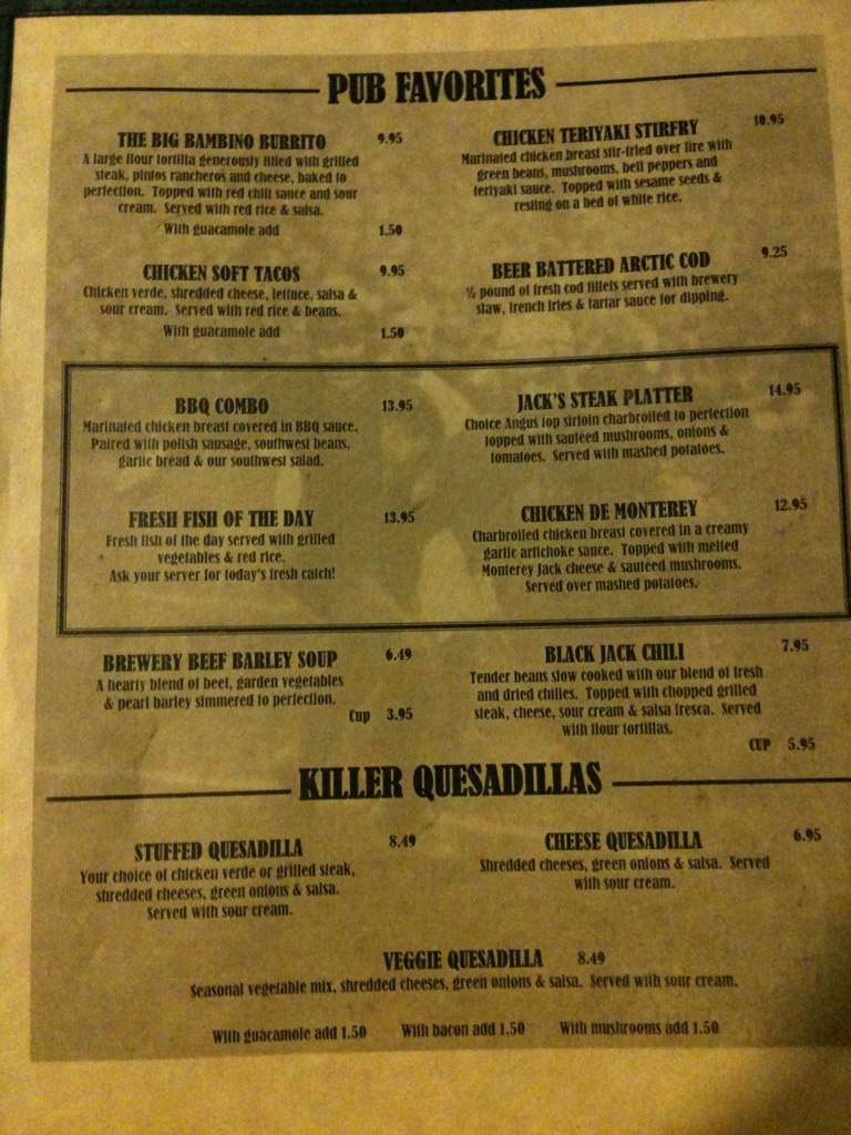 Menu at Jack's Brewing Company pub & bar, Fremont