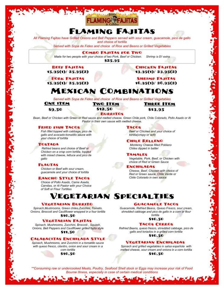 Menu at Juan's Flaming Fajitas & Cantina restaurant, Las Vegas