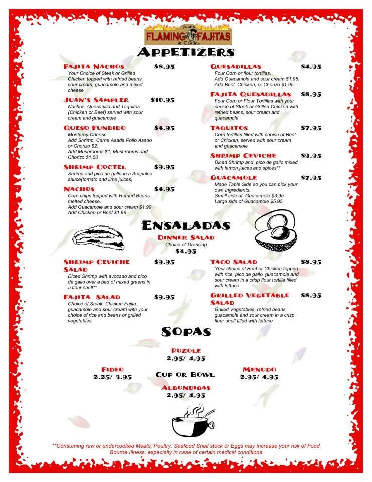 Menu at Juan's Flaming Fajitas & Cantina restaurant, Las Vegas